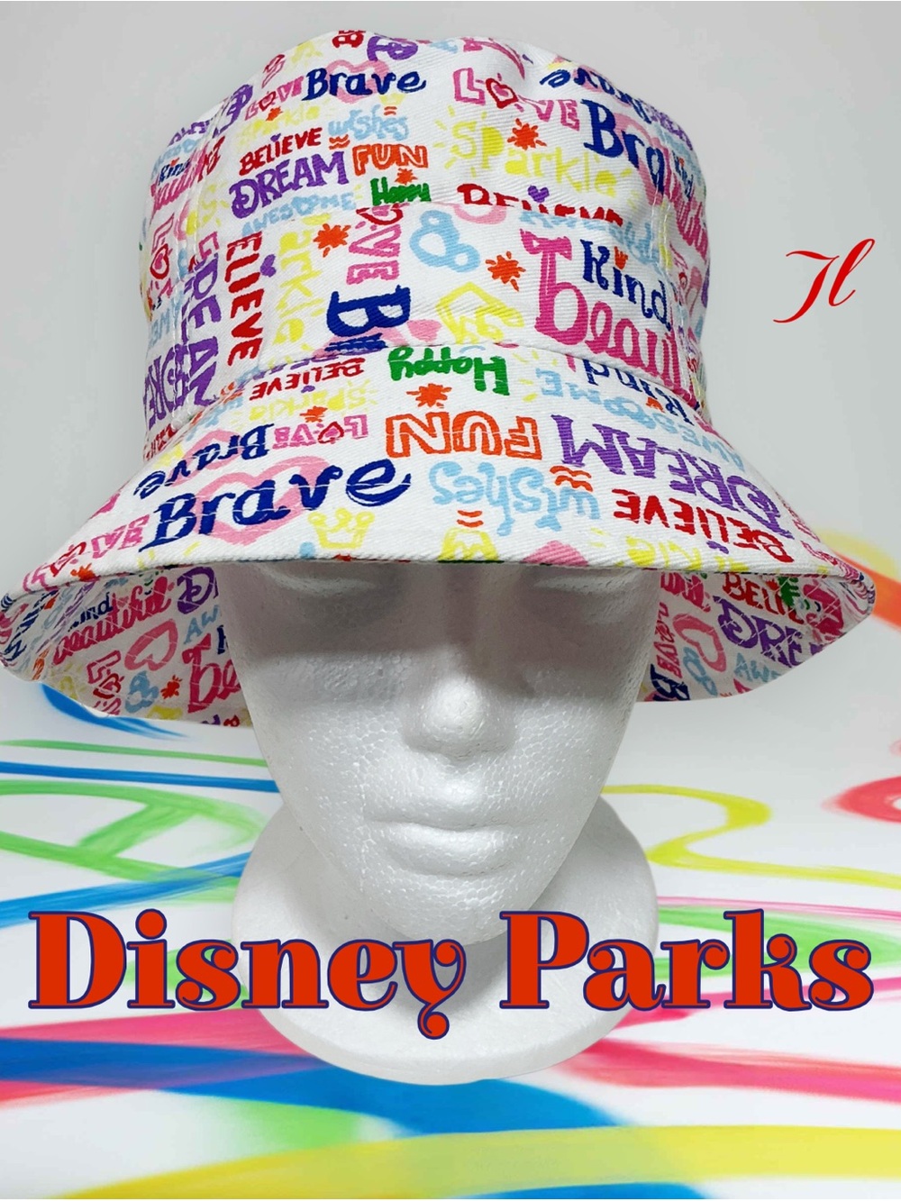 DISNEY PARKS Youth Lined Bucket Sunhat with Colorfully Positive Words NEW